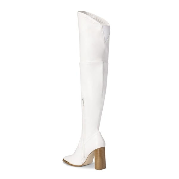 Square Toe High Heel Over The Knee Boots - WHITE PU - 3